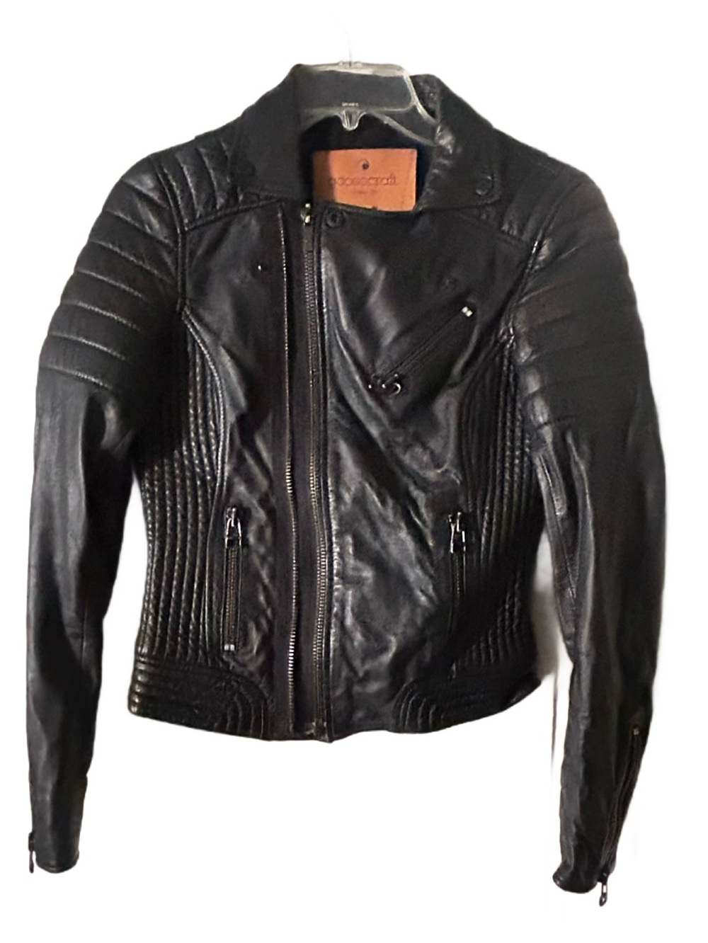 Goosecraft Black Leather Moto Jacket Quilted Panels Women’s size Small